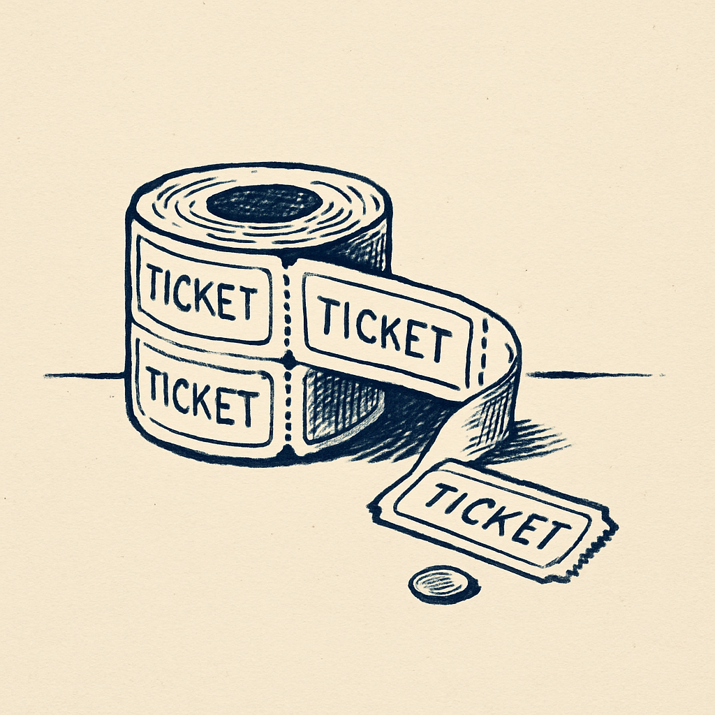 A wholesale roll of identical paper tickets unspooling across a table, with one ticket torn free and resting beside a small coin.