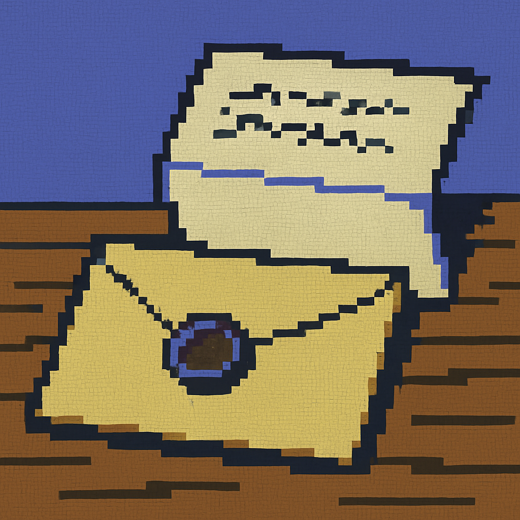 A wax-sealed letter on a wooden desk, beside an empty envelope addressed in unfamiliar handwriting.