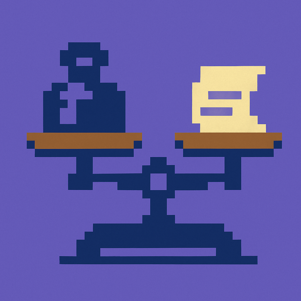 A wooden weighing scale with a heavy iron weight on one pan and a folded paper slip on the other, the paper outweighing the iron.