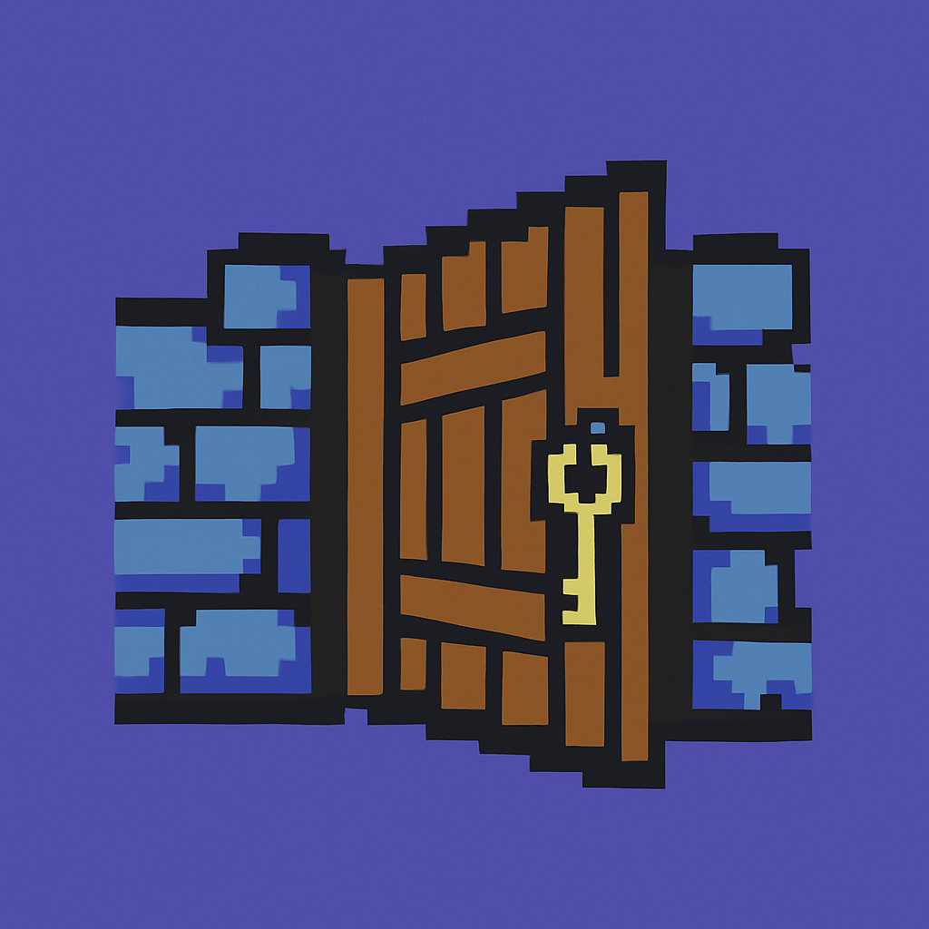 A modest wooden gate standing open in a low stone wall, with a heavy iron key still hanging from its unturned lock.