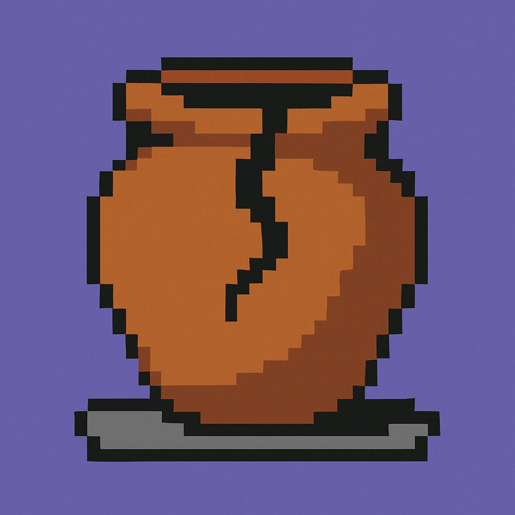 A clay pot with a bold crack running down its side, sitting upright on a flat stone surface.