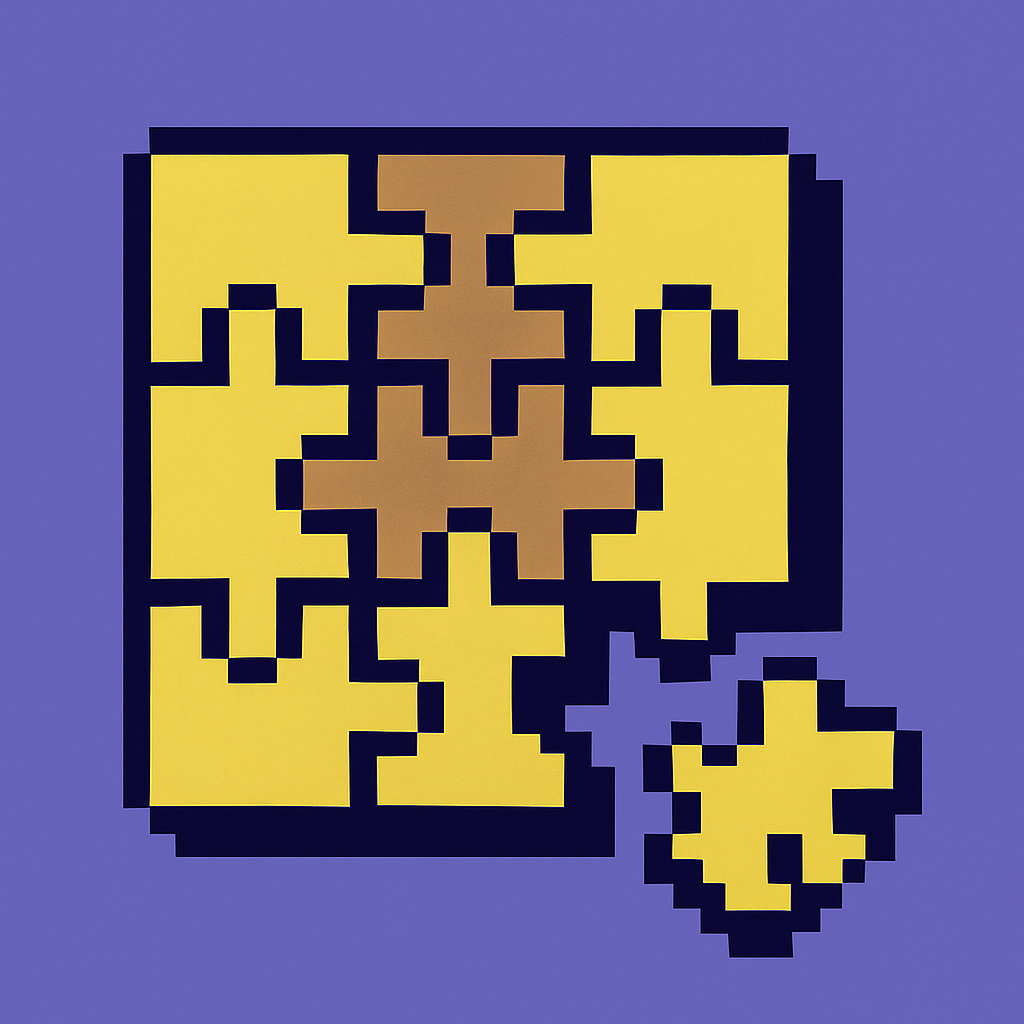 A nearly-complete jigsaw puzzle with a single loose piece resting apart on the table, its gap left open.