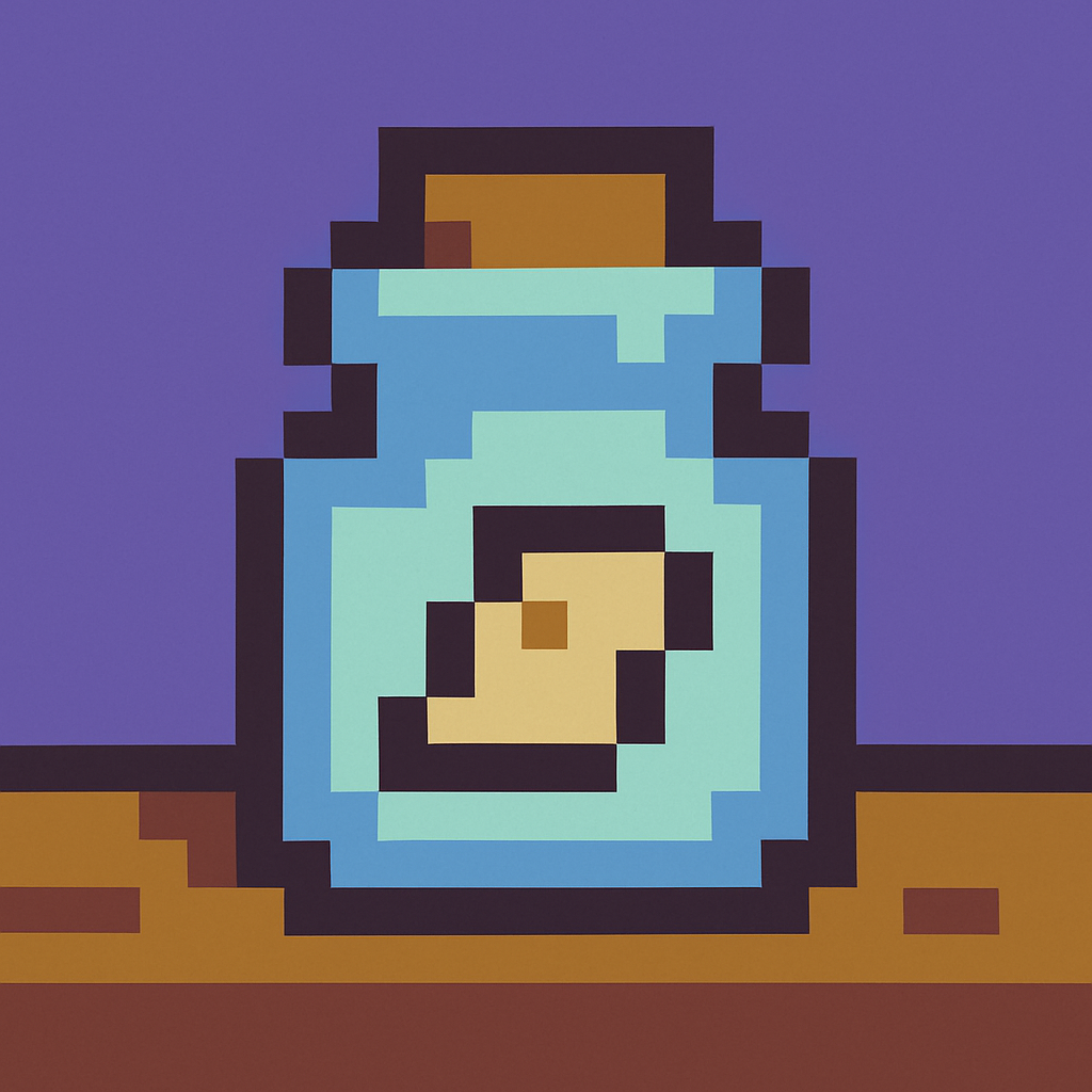 A squat glass jar sealed with a cork stopper, a small folded note visible through its side, sitting on bare wood.