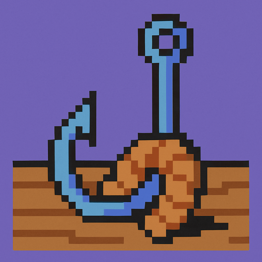A large iron fish hook lying on bare planks, a plump worm threaded along its curve.