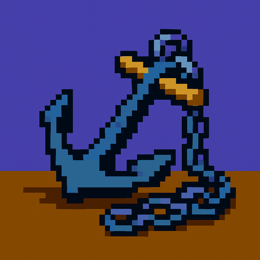 A heavy iron anchor lying on its side on bare planks, its chain pooled loose beside it.