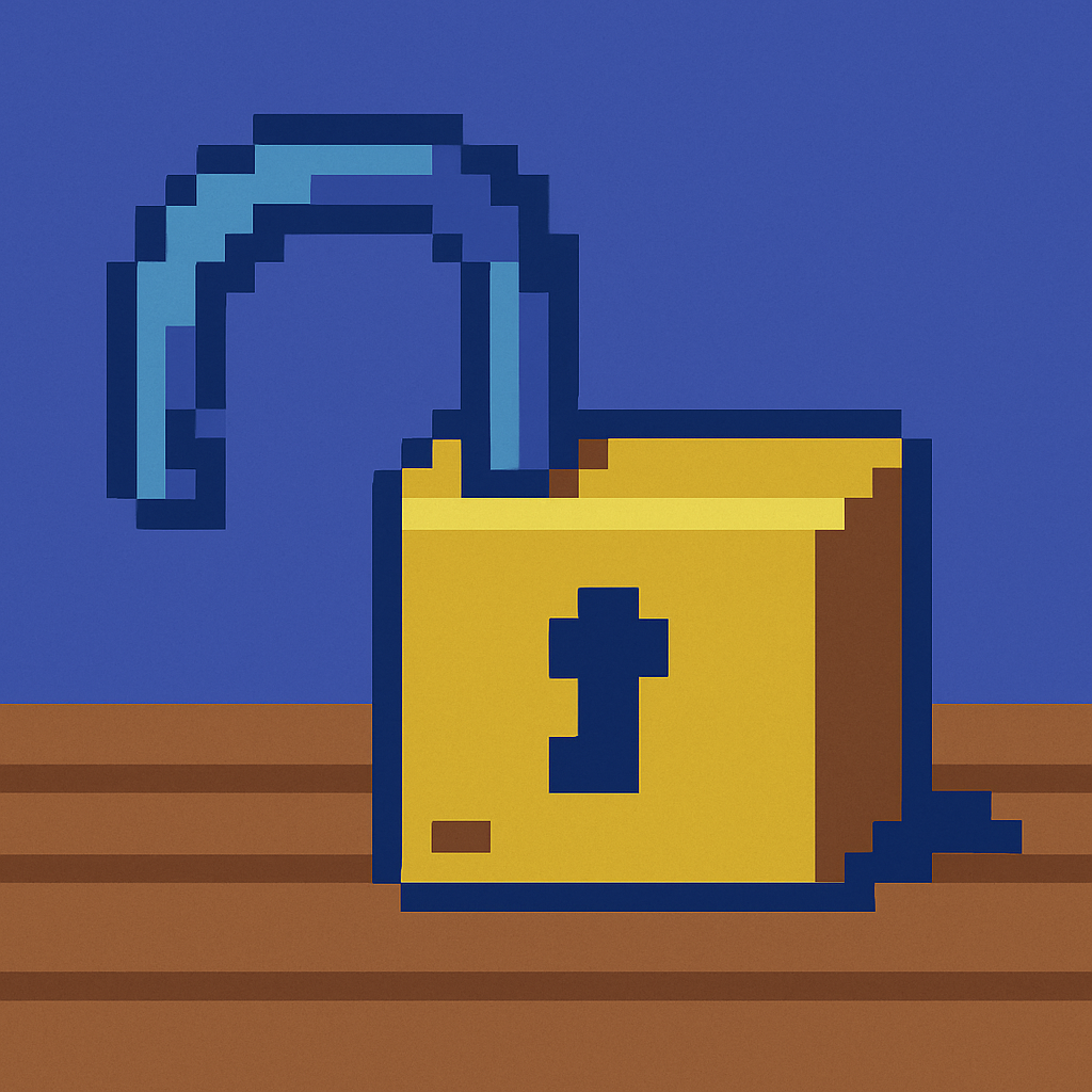 A chunky brass padlock resting flat on bare wood, its shackle swung wide open.