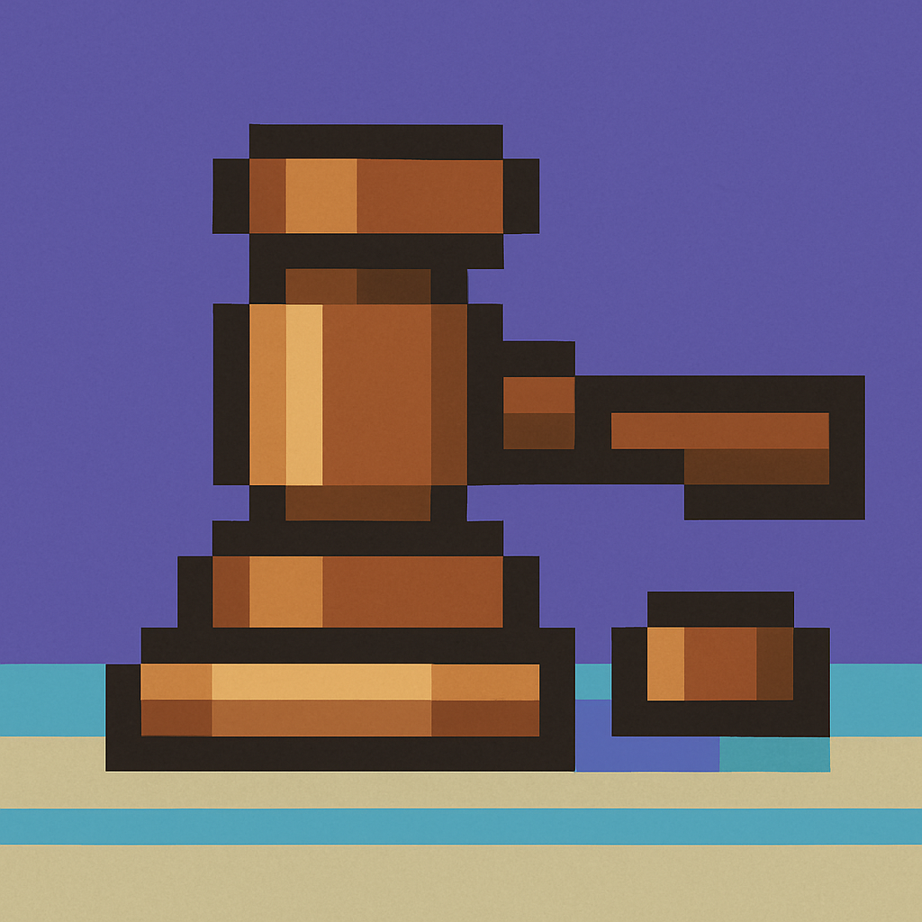 A heavy wooden gavel resting on its side on bare planks, its small striking block set beside it.