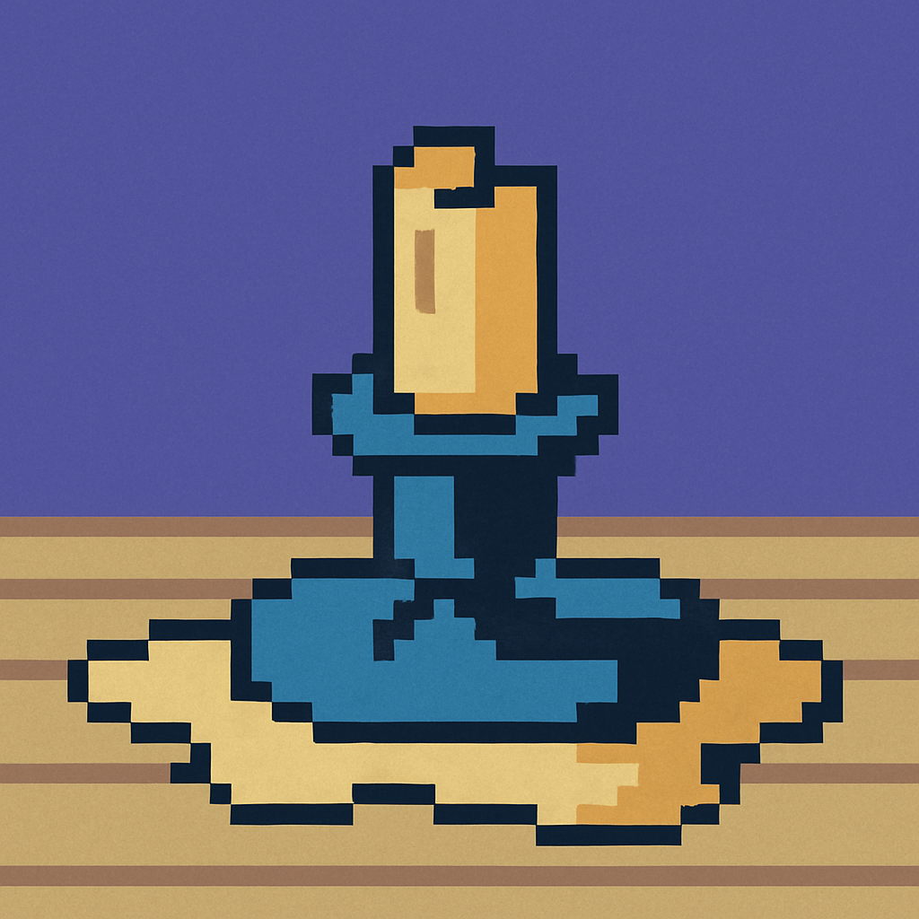 A squat candle holder sitting on bare planks, its candle burned entirely away, a hardened ring of spilled wax spread flat around its base.